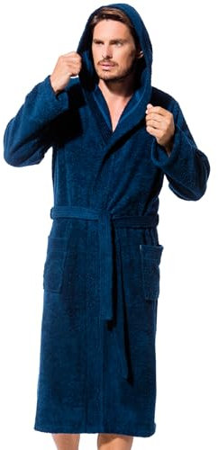 Morgenstern Bademantel Herren Baumwolle Frottee mit Kapuze Saunabademantel Oeko Tex Spa Lang Größe XL Marineblau