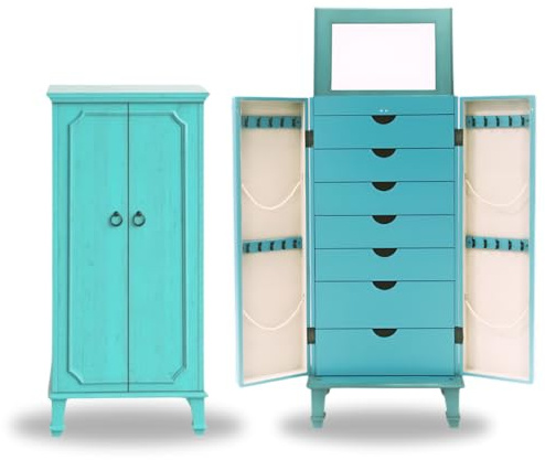 Hives and Honey Cabby Standing Jewelry Armoire – Fully Locking Wood Jewelry Storage with Mirror, 7 Drawers, Necklace Hooks, and Anti-Tarnish Lining — Turquoise