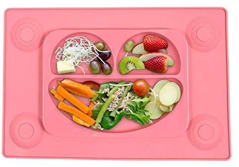 EasyMat Kids Tischset & Saugplatte mit Divisionen und Löffel. Kein Durcheinander, Kleinkind und Baby, Happy Face Essensset. Von Baby Led Weaning Alter 6 Monate + von EasyTot (Rosa)