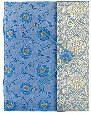 Sari Journal Large 14cm x 18.5cm - Blue - Unlined Recycled Paper - Elastic Closure - Notebook and Diary - Indian Stationery Gift - For Men Women Students - Sari Fabric