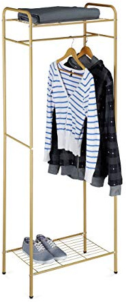 Relaxdays Clothes Stand with Shelves, SANDRA, Metal, Wardrobe Coat Rack with Clothes Rail, Shoe Rack for Boots, Size: 166 x 60.5 x 38 cm, Honey Brown