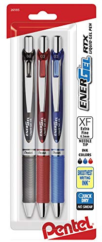 Pentel EnerGel RTX Retractable Liquid Gel Pen, (0.3mm) Needle Tip, Extra Fine Line, Assorted Ink, 3-Pk (BLN73BP3M)
