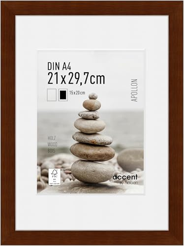 accent by nielsen Holz Bilderrahmen Apollon, 21 x 29,7 cm (A4), Dunkelbraun | Holz Dokumentenrahmen mit Passepartout im Hoch- & Querformat zum Aufhängen Dunkelbraun matt Echtglas