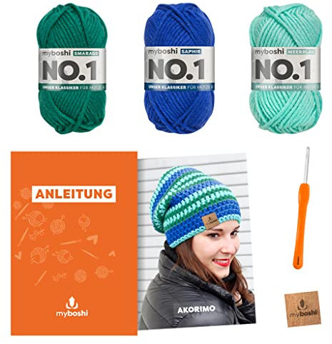 myboshi Häkelset Mütze Akorimo, inkl. No.1 Wolle, Häkelnadel, Anleitung, original Label, Häkelpaket, 30% Merinowolle Blau mit Häkelnadel