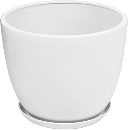 Maceta de flor de cerámica cubo con soporte plato, altura 25 cm x diámetro 30,5 cm, color blanco