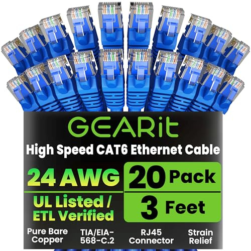 GEARit Cat 6 Ethernet Cable 3 ft (20-Pack) - Cat6 Patch Cable, Cat 6 Patch Cable, Cat6 Cable, Cat 6 Cable, Cat6 Ethernet Cable, Network Cable, Internet Cable - Blue 3 Feet