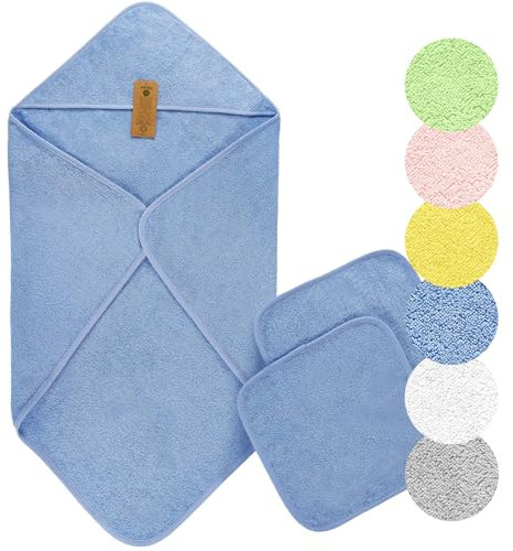 Arus Baby-Kapuzenhandtuch-Set aus Bio-Baumwolle mit 2 Baby-Waschlappen, Hellblau, 90 X 90 cm