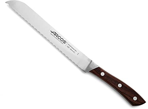 Arcos Cuchillo para pan con Hoja Acero Inoxidable Nitrum 200 mm. Obtenga una gran variedad cortes parau comida. Cuchillo ideal para uso doméstico diario. Serie Natura. Color marrón.