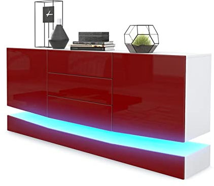 Vladon Sideboard City, Made in Germany, Weiß matt/Bordeaux Hochglanz inkl. LED - Moderne Kommode für Ihr Wohnbereich (178 x 72 x 38 cm)