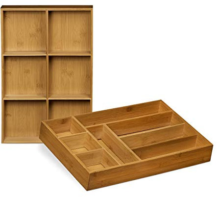 Relaxdays Organiseur de tiroir réglable lot de 2 H x l x P: 6.5 x 30,5 x 46 cm range-couverts ajustable en bambou, nature