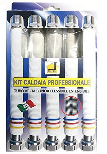 Kit Caldera Tubo Gas Agua Flexible N.2 de 1/2N.3 de 3/4 200/400 mm Extensible Inoxidable unisuper normativa Uni 11353 DM 174 Blanco