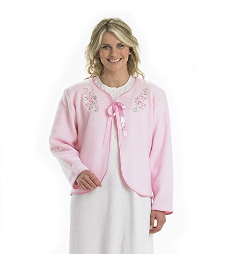Slenderella Ladies Polar Fleece Ribbon Tie Bed Jacket Floral Embroidered House Coat UK 12/14 (Pink)
