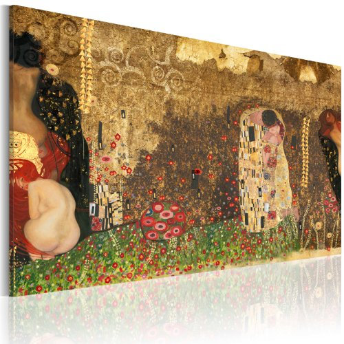 B&D XXL - Wandbilder Gustav Klimt der Kuss 60x40 cm 1 tlg - Wand Deko Vlies Leinwand Bilder Groß Wanddeko Wohnzimmer Schlafzimmer Kunstdrucke - Abstrakt Collage 020101-59