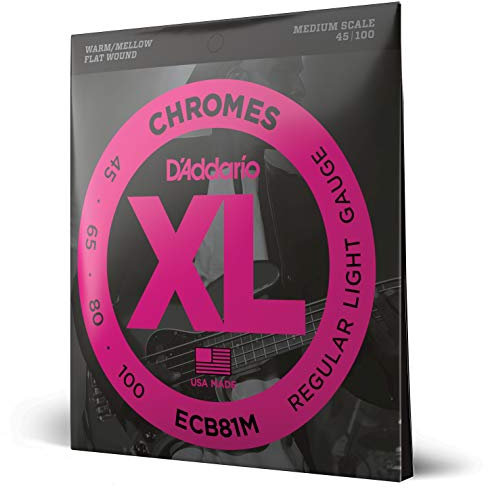 Cuerdas D'Addario para guitarra baja, XL Chromes Flat Wound, ECB81M, calibre normal ligero 45-100, escala media, juego de 4 cuerdas, paquete de 1