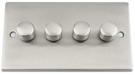 Mains LED Light Dimmer Switch 250W 4 Gang - Satin Matt Chrome - Square - Push On/Off 2 Way
