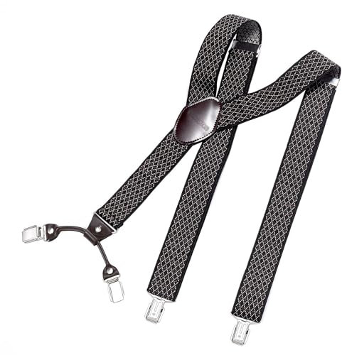 DonDon Hosenträger Herren extra stark kariert schwarz-braun 3,5 cm Hosenträger Herren breit mit brauem Leder in Y-Form lang - Starke Clips passend für Anzug Jeans Chinos Vintage Rockabilly Suspenders