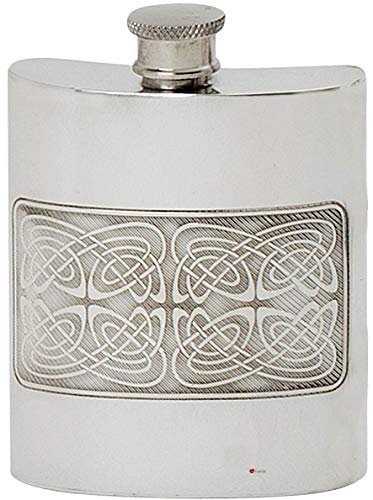 Pewter Hip Flask Celtic Scroll Banding 6oz Kidney Shape Screw Top Engravable