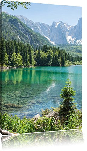 Pixxprint Wunderschöner Bergsee mit Wald, Größe: 60x40cm, Leinwandbild, fertig gespannt, Wandbild, Dekoration, Kunstdruck, kein Poster