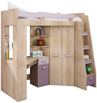 Hochbett mit Schreibtisch, Schrank und Regalen - Platzsparendes Jugendbett - Komplettes Möbelset (120x204 cm) Kinderbett 80x200 cm mit Stauraum - Treppe Rechten Seite (Eiche Sonoma/Lavendel/Violett)
