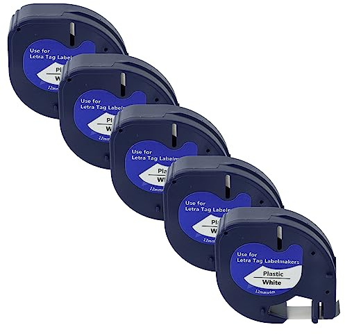 vhbw 5X Schriftband-Kassette Plastik kompatibel mit Dymo LetraTag LT-100H, LT-100T, QX50, XR Etiketten-Drucker 4m x 12mm Schwarz auf Weiß
