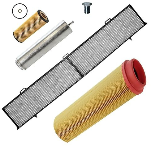 BESTPRICE Inspektionspaket Filterset mit 1x Luftfilter, 1x Innenraumfilter, 1x Ölfilter, 1x Kraftstofffilter, 1x Ölablassschraube, Kompatibel mit BMW 1er (E87), 3er (E90) (E91)