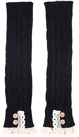 TININNA Damen Frauen Winter Vintage Spitze Knopf Strick Stulpen Gestrickt Beinstulpen Beinwärmer Strümpfe Schwarz EINWEG Verpackung
