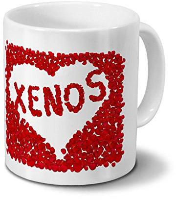 Tasse mit Namen Xenos - Motiv Rosenherz - Namenstasse, Kaffeebecher, Mug, Becher, Kaffeetasse - Farbe Weiß