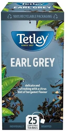 Tetley Earl Grey String & Tag Enveloped Tea Bags - Delicate Bergamot & Citrus Infusion - Premium Black Tea - Rainforest Alliance Certified - 25 Individually Wrapped Tea Bags (1 Pack)