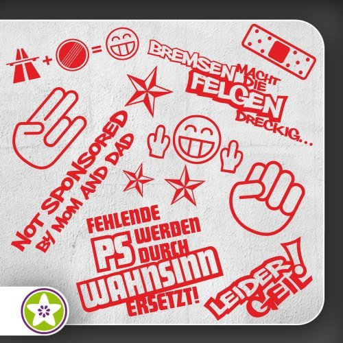 Kiwistar Sticker Bomb Set 1 rot - Bogen: A4 Bremsen…Felgen…, Shockerhand, Autobahnfreak, Fehlende PS…, Leider Geil. Auswahl Sammlung Aufkleber Scheibe Tuning Decal