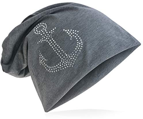 Miobo Jersey Slouch Beanie mit Anker Style, Herren Damen,Einheitsgröße,strassAnker Dunkelgrau