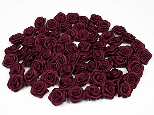 Rosen 15 mm x 100 Stück Satinrosen Aufnäher Deko Blumen Röschen zum Basteln Haarschmuck kleine Rosenköpfe Farbe: dunkel bordeaux 275