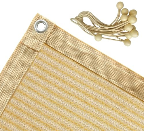 Shatex 90% Shade Fabric Sun Shade Cloth with Grommets for Pergola Cover Canopy 12’ x 12’, Wheat, 12 Bungee Balls