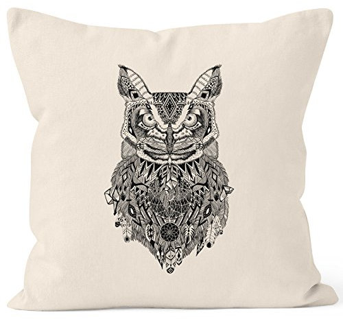 Autiga Kissenbezug Eule Atzekenmuster Ethno Boho Bohamian Atzec Owl geometrisch Kissen-Hülle Deko-Kissen 40x40 Baumwolle Natur 40cm x 40cm