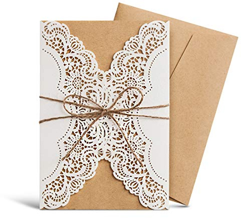 WISHMADE Einladungskarten Für Hochzeit Geburtstag Party Elfenbein Blumen Lasercut Mit Schleife Kraftpapier Blanko Set 50 Stücke inkl Umschläge und Aufkleber PK14113