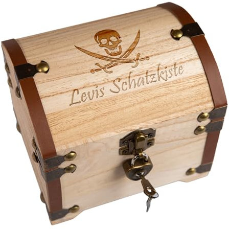 Personalisierte Piraten Schatztruhe Kindergeburtstag | Kleine Schatzkiste Kinder mit Gravur für Geld Süßigkeiten Edelsteine | Holzkiste mit Schloss | Originelles Geburtstagsgeschenk