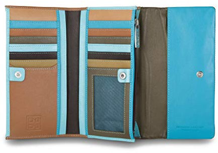 DUDU Mehrfarbige Trifold Damenbrieftasche RFID in Leder mit Überschlag Dunkelbraun