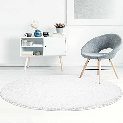 carpet city Hochflor Teppich Shaggy Einfarbig Weiß - 120x120 cm Rund - Flauschig & Weich - Wohnzimmerteppiche - Langflorteppich Schlafzimmer Uni Modern
