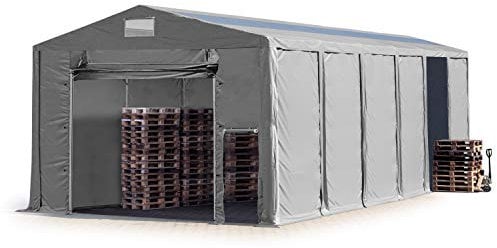 TOOLPORT Lagerzelt Industriezelt 8x12 m Zelthalle mit Oberlicht 4m Seitenhöhe PVC Plane 850 N grau wasserdicht Ganzjahreszelt mit Hochziehtor