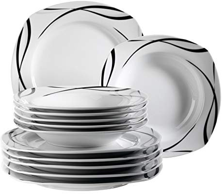 Mäser 920673 Serie Oslo, 12-teiliges Teller-Set für 6 Personen aus Porzellan, Tafelservice klassisch, zeitlos, elegant, schwarz-weiß