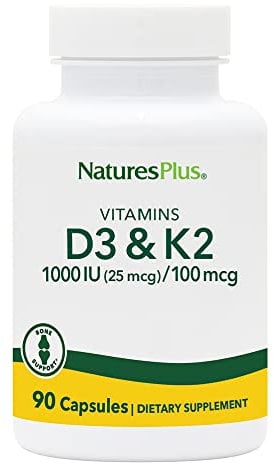 NaturesPlus Vitamin D3 Vitamin K2-1000 IU Vitamin D Supplement with 100 mcg Vitamin K – Bones and Immune System Support - Gluten Free, Vegetarian - 90 Capsules