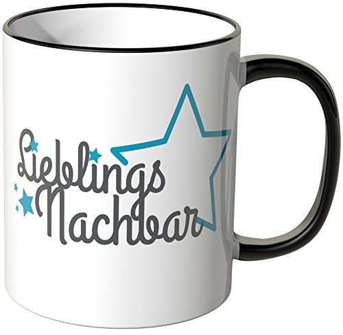WANDKINGS® Tasse, Schriftzug: Lieblingsnachbar mit blauen Sternchen - SCHWARZ