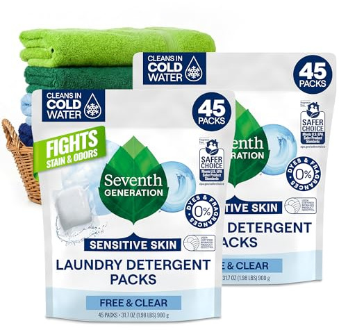 Seventh Generation Laundry Detergent Packs, Free & Clear, 90 Loads (2 pouches, 45 Ct EA)