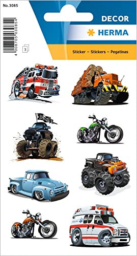 HERMA 3085 Aufkleber Fahrzeuge klein, 24 Stück, Auto Sticker mit Monstertruck Feuerwehrauto Krankenwagen Motiv, Kinder Etiketten für Fotoalbum Tagebuch Scrapbooking Geburtstag Deko Briefe DIY Basteln