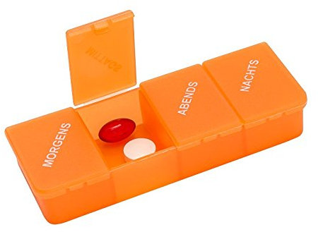 Tablettendose Pillendose, 4-geteilt, mit Klappdeckel, orange-transparent - Tablettenbox Pillenbox