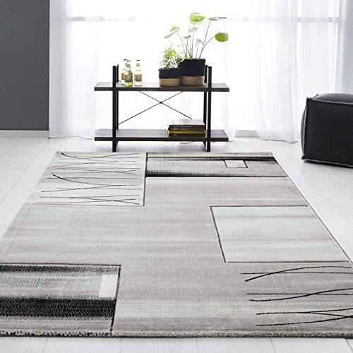 VIMODA Designer Teppich Wohnzimmer Grau Kacheloptik mit Farbverlauf und Konturenschnitt, Größe:80x150