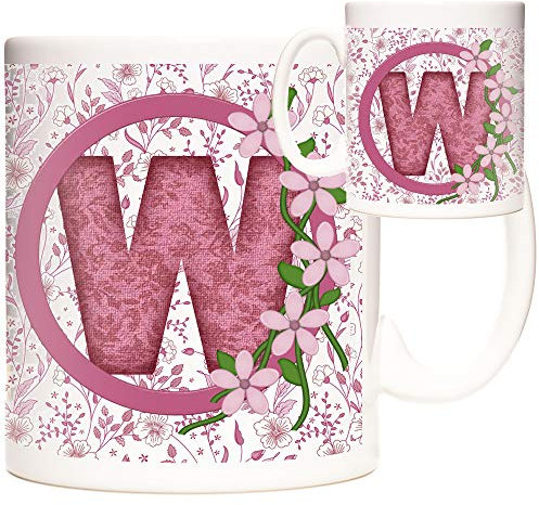 Letter W Gift Mug, Monogram W Mug, Alphabet Letter W Mug, Birthday or Celebration Gift for People Who's Name Begins with W. Pink Flower Design Mug, Initial W Gift.