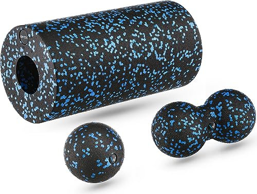 Gymtek Massageball - Massage-Set: 2 Bälle und Rolle - Doppelte Kugel - Massage von Faszien und die Regeneration der Muskeln – Yoga – Akupressur - Lacrosse-Ball Muskelrolle - Schwarz Blau