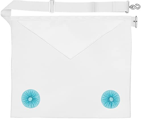 THE MASONIC COLLECTION Craft Fellow 2. Grad Lammfell-Lederschürze – Weiß mit blauen Rosetten – große Tasche & verstellbarer Gürtel – Geschenkzubehör für Freimaurer