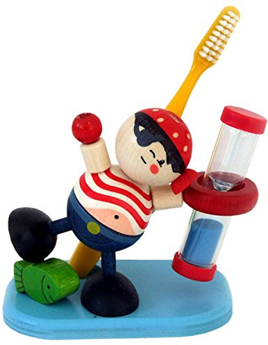 Hess Holzspielzeug 14579 - Zahnputzuhr aus Holz für Kinder, Serie Pirat, inkl. Bürstenhalter und drehbarer Sanduhr, handgefertigt, zur täglichen Nutzung beim Zähneputzen