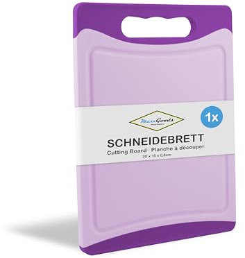 MaxxGoods Schneidebrett Kunststoff mit Saftrille & Griff - Antibakteriell - Frühstücksbrett, Kunststoffbrett beidseitig verwendbar, Spülmaschinenfest - Violett, 20x15x0,8cm